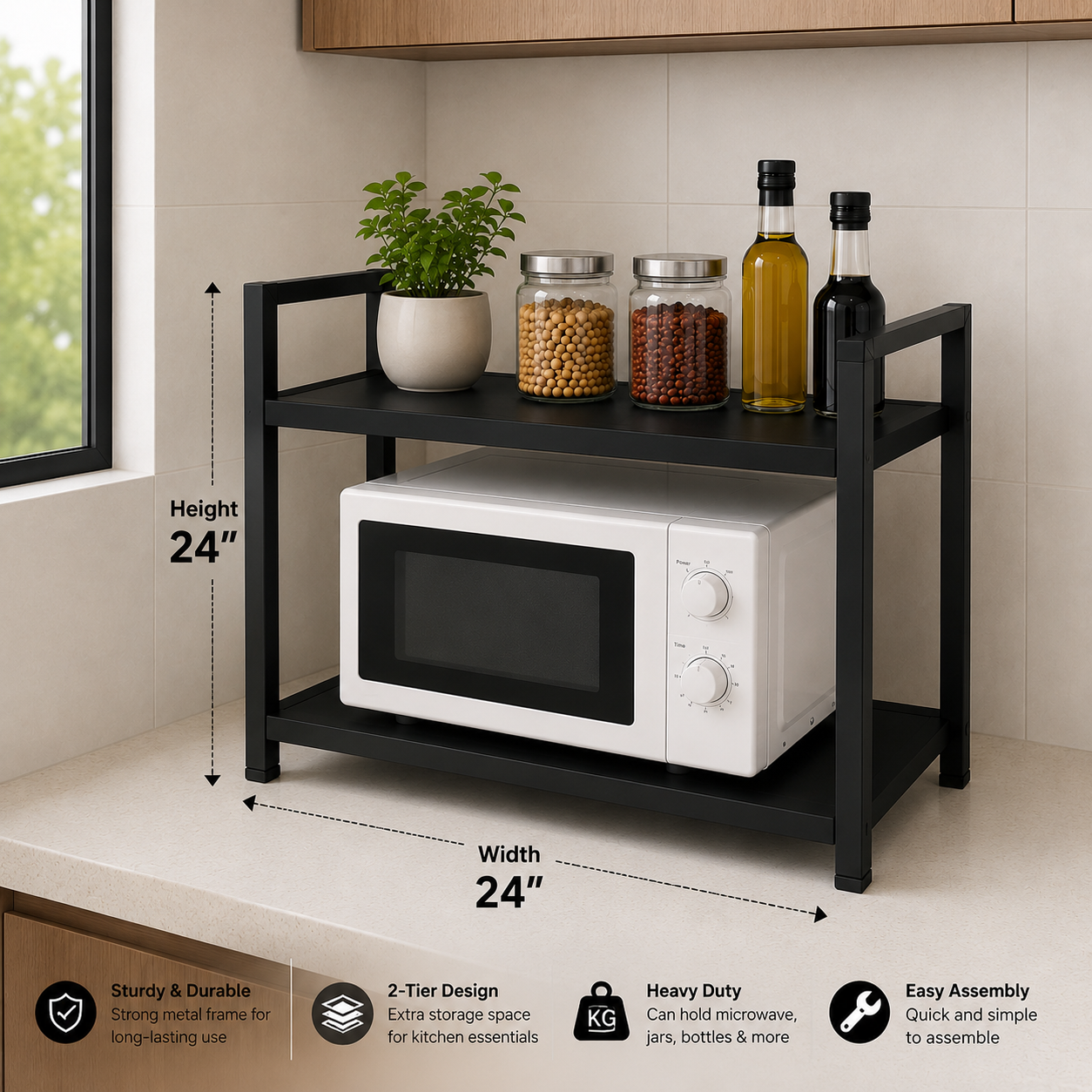 2-Tier Microwave Stand Kitchen Storage Rack | Black Metal Countertop Organizer | 24" x 24"
