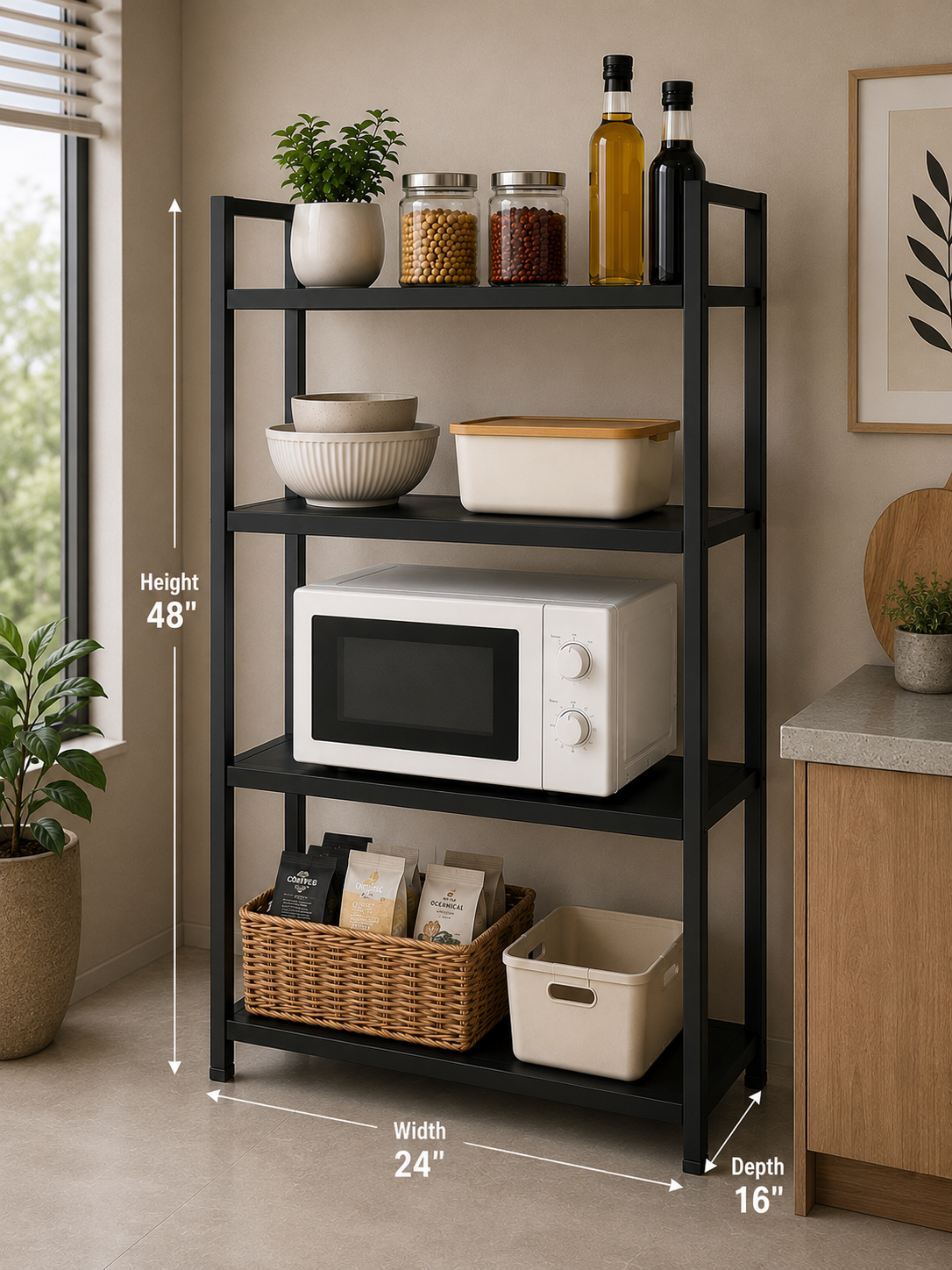 4-Tier Kitchen Storage Rack | Heavy Duty Microwave Stand | Black Metal Kitchen Organizer | 48" x 24" x 16"