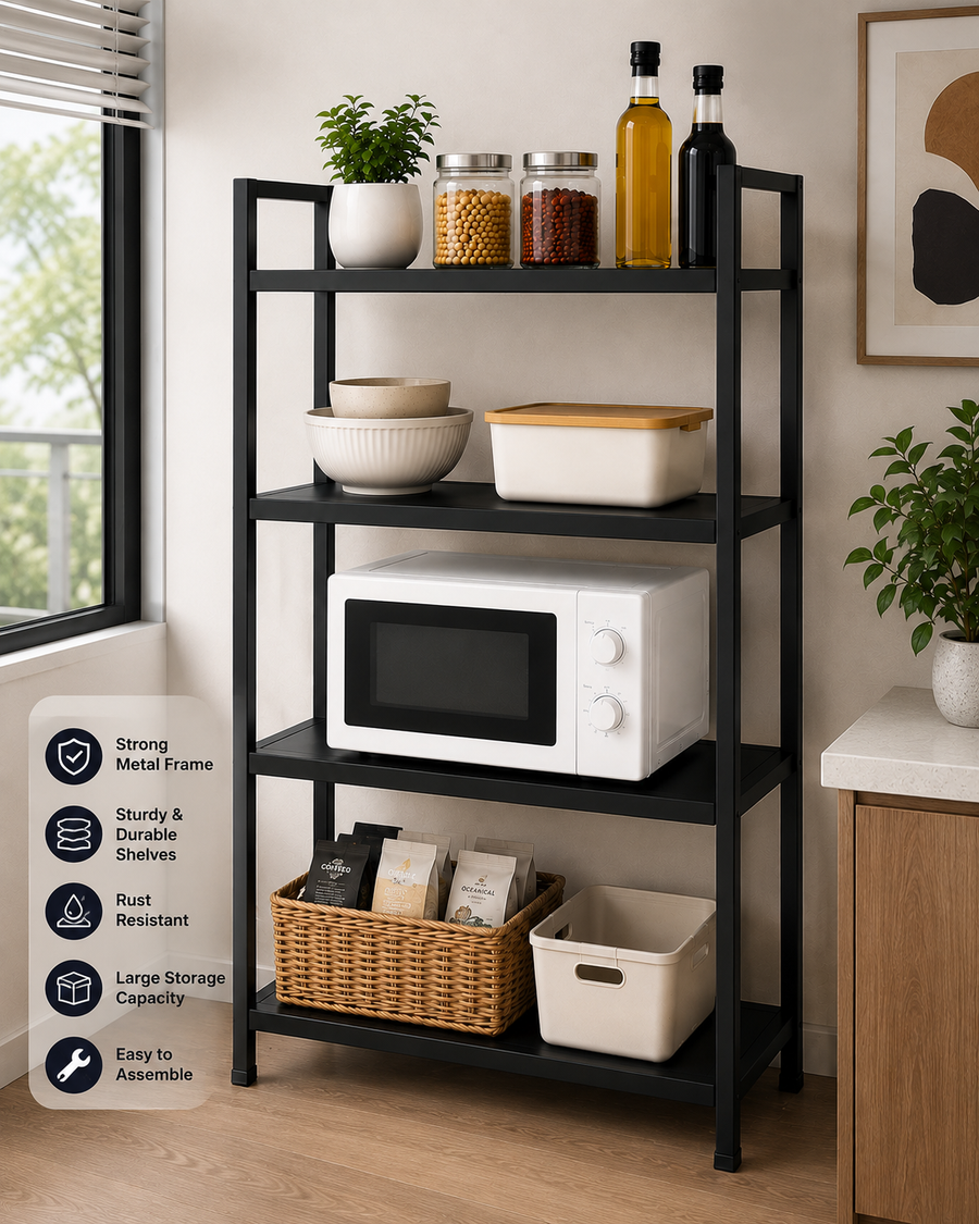 4-Tier Kitchen Storage Rack | Heavy Duty Microwave Stand | Black Metal Kitchen Organizer | 48" x 24" x 16"