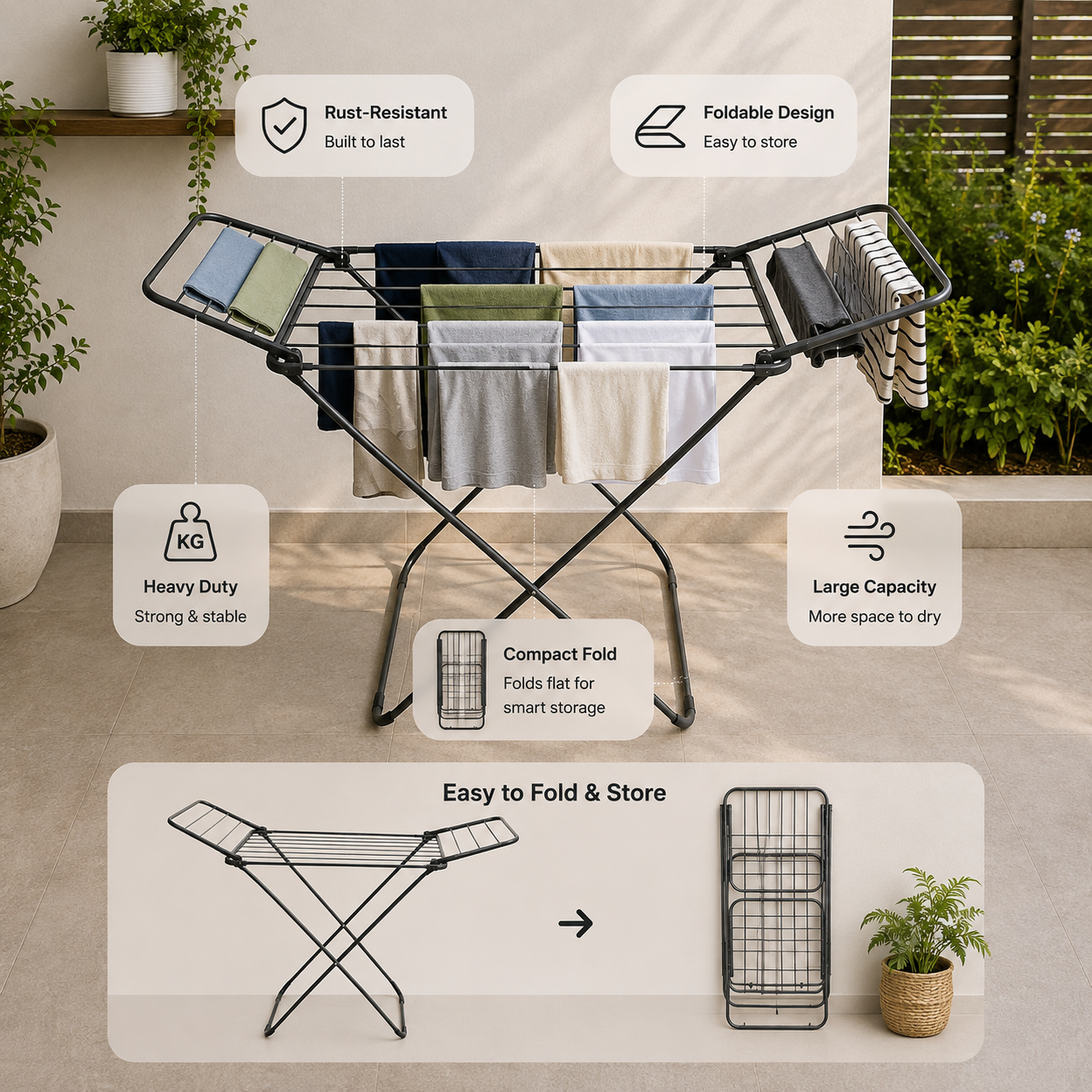 Heavy Duty Foldable Clothes Drying Rack – Rust-Resistant Laundry Airer with 68" Drying Space