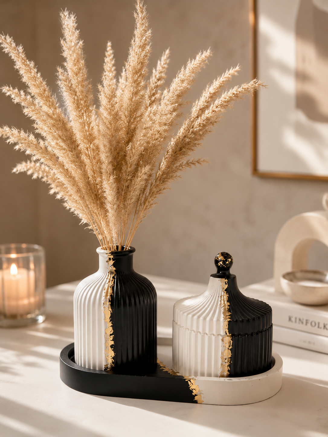 Yin Yang Ceramic Vase Set with Decorative Tray | Modern Black & White Home Décor