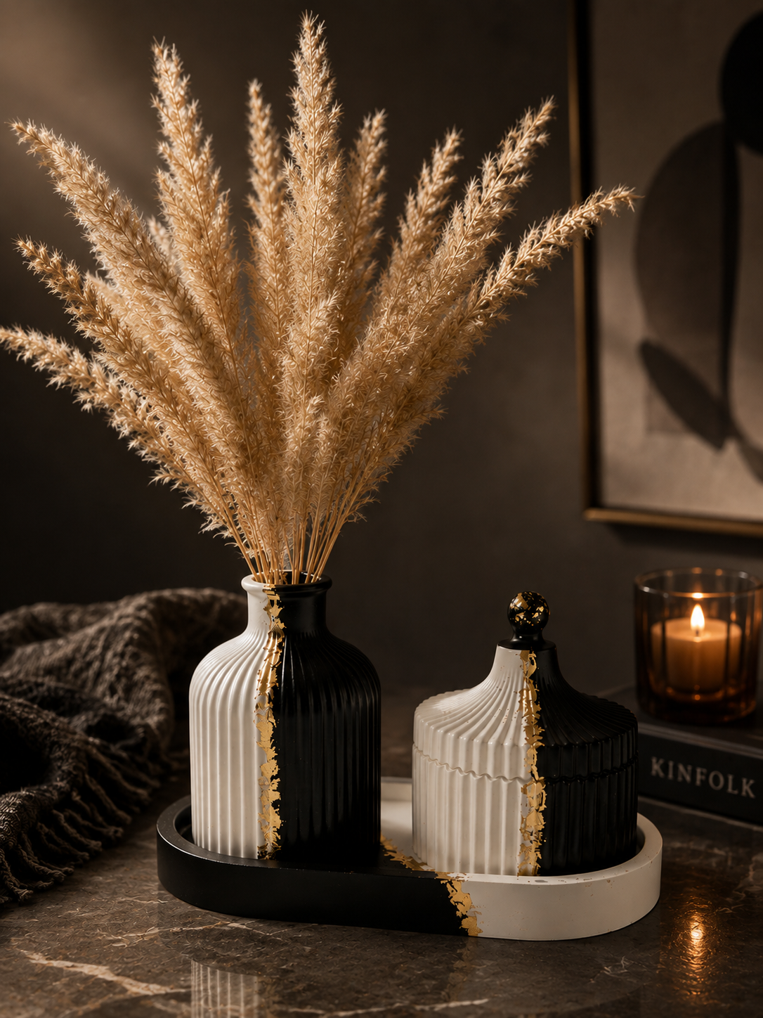 Yin Yang Ceramic Vase Set with Decorative Tray | Modern Black & White Home Décor