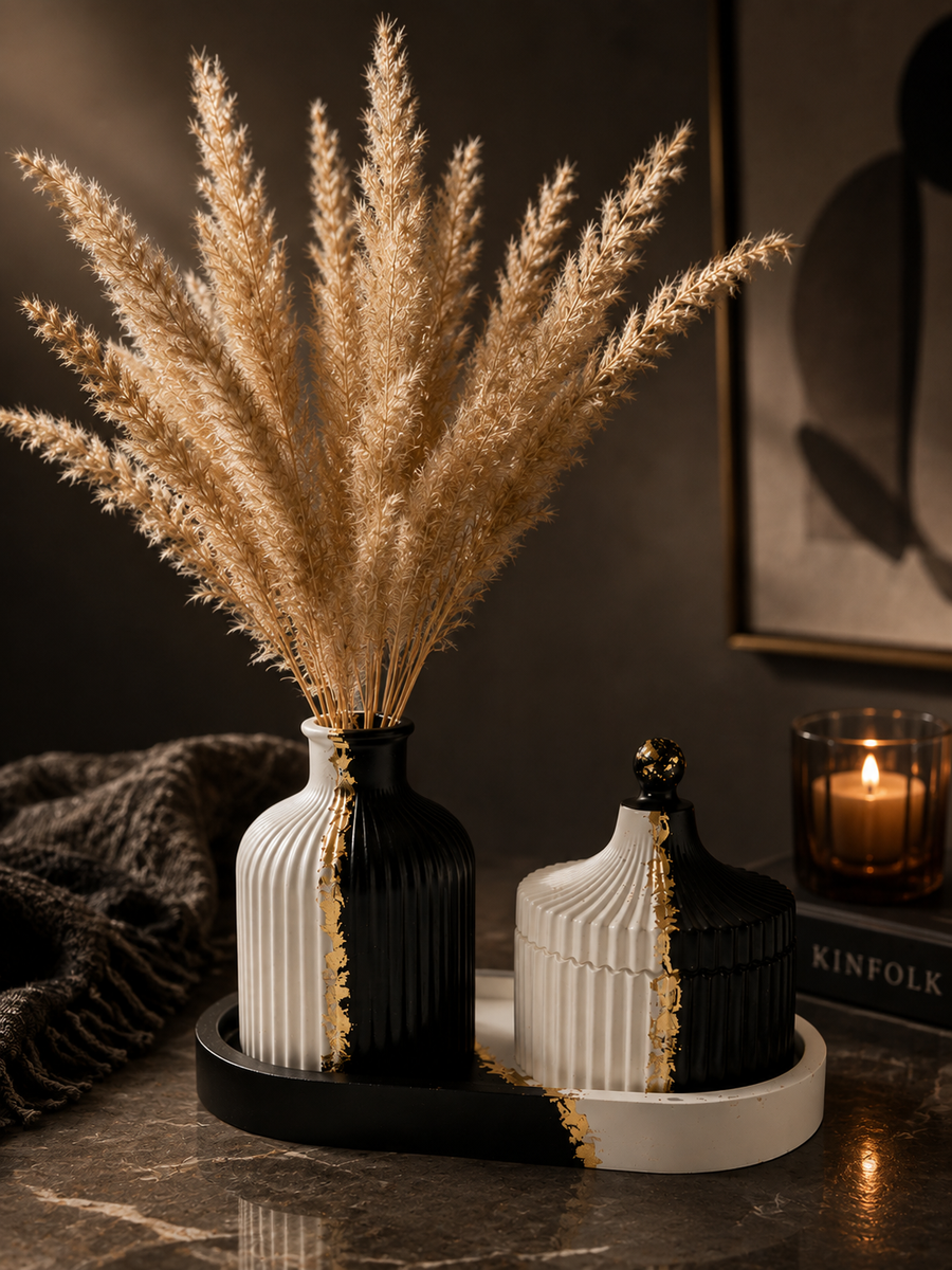 Yin Yang Ceramic Vase Set with Decorative Tray | Modern Black & White Home Décor