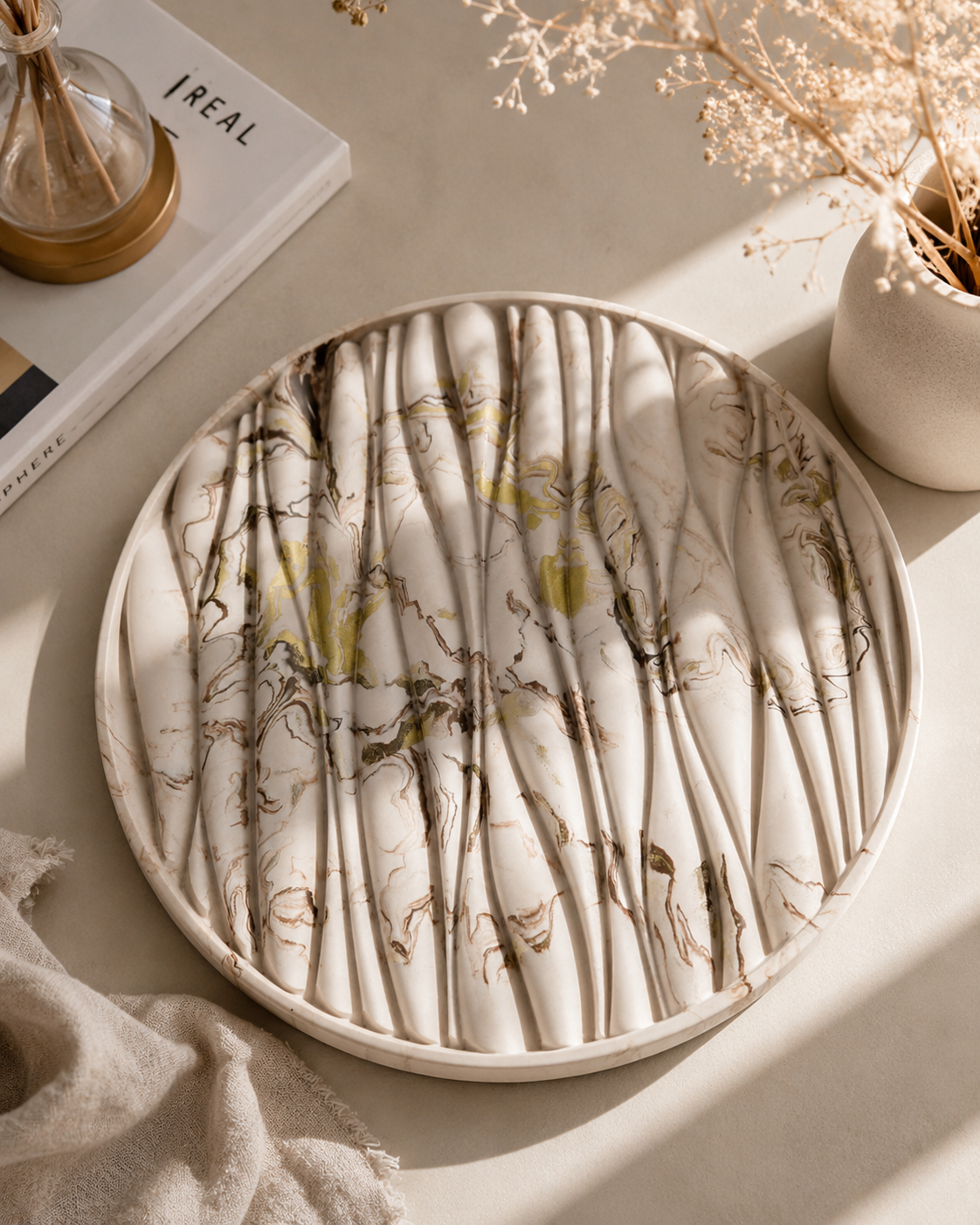 Marble Wave Decorative Tray | Modern Round Catchall Tray for Home Décor, Jewelry & Candles