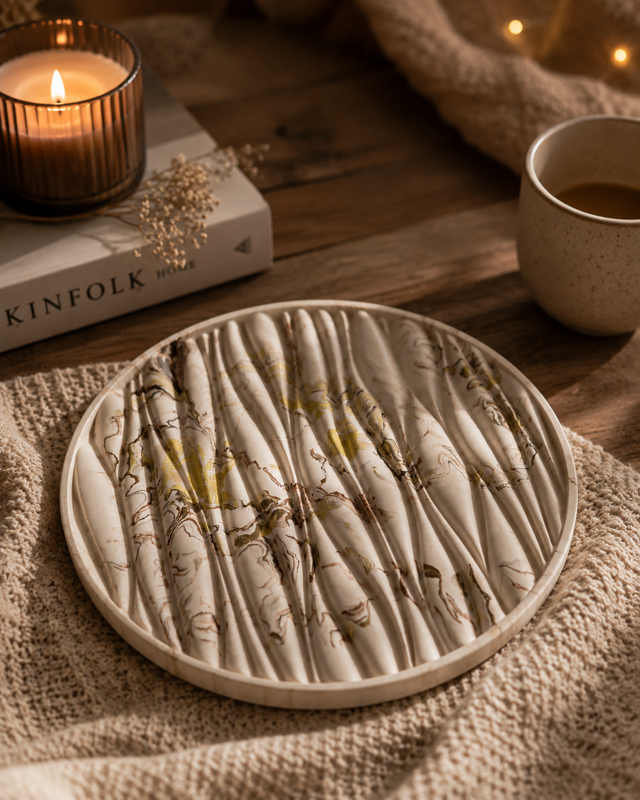 Marble Wave Decorative Tray | Modern Round Catchall Tray for Home Décor, Jewelry & Candles
