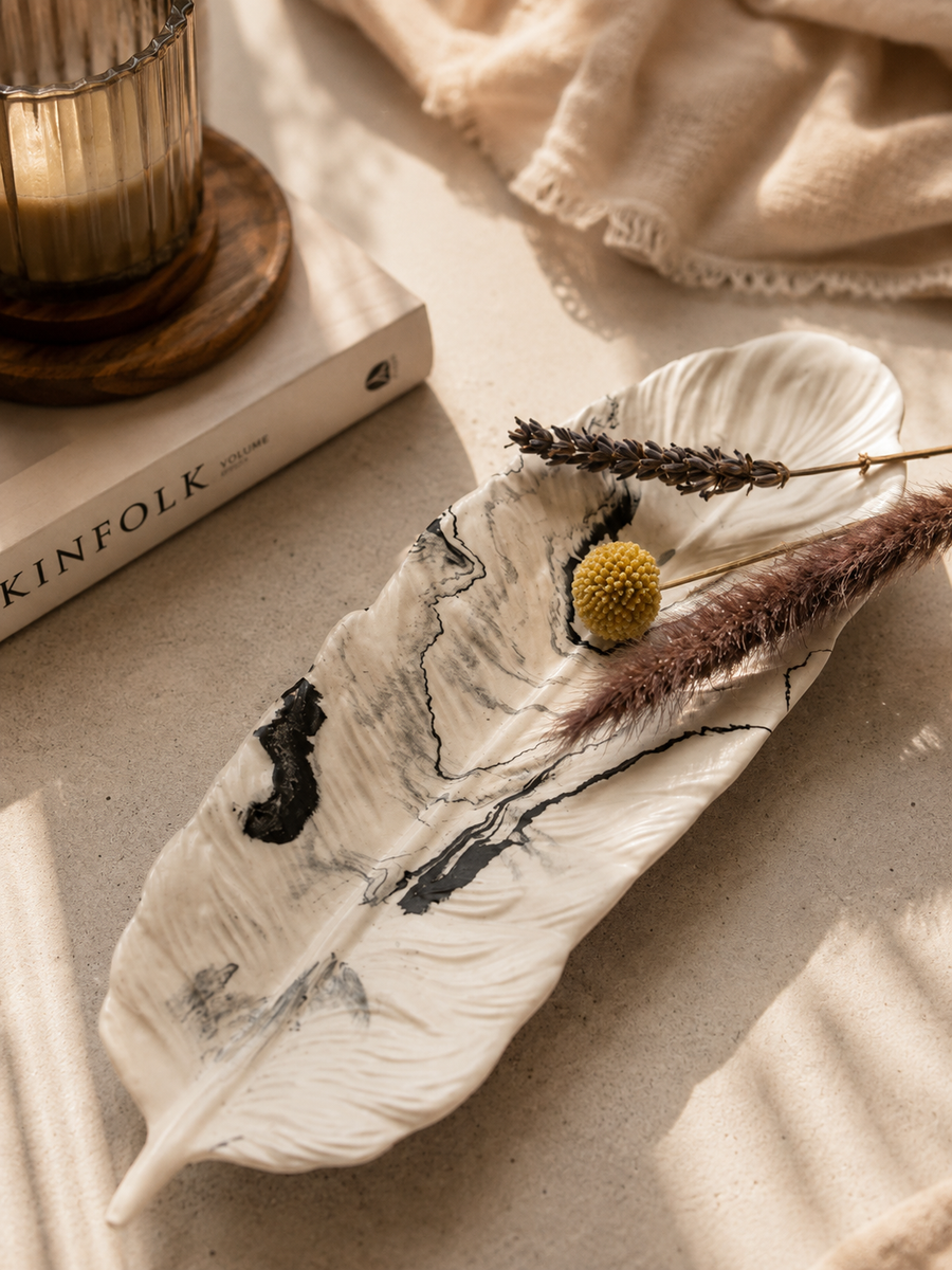 Marble Leaf Decorative Tray – Handmade Jesmonite Vanity Tray | Minimalist Home Décor Organizer