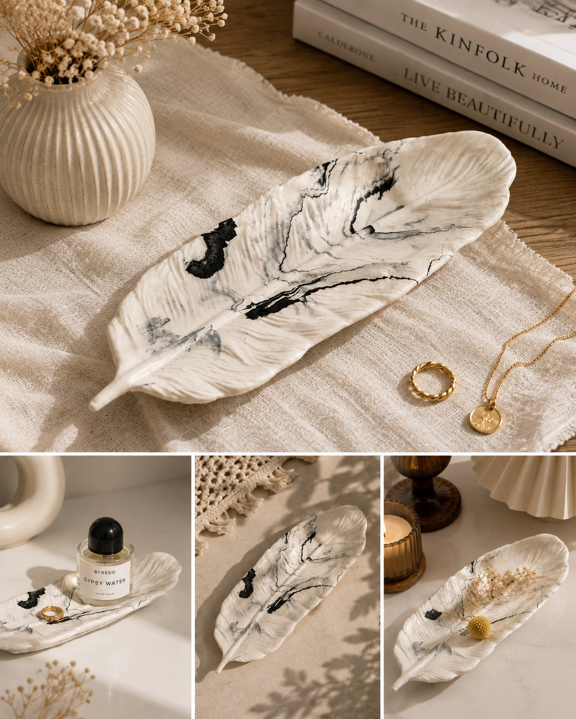 Marble Leaf Decorative Tray – Handmade Jesmonite Vanity Tray | Minimalist Home Décor Organizer