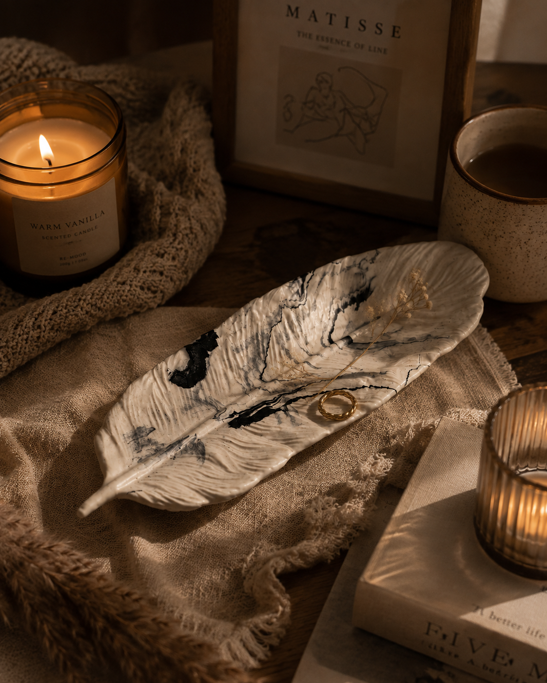 Marble Leaf Decorative Tray – Handmade Jesmonite Vanity Tray | Minimalist Home Décor Organizer