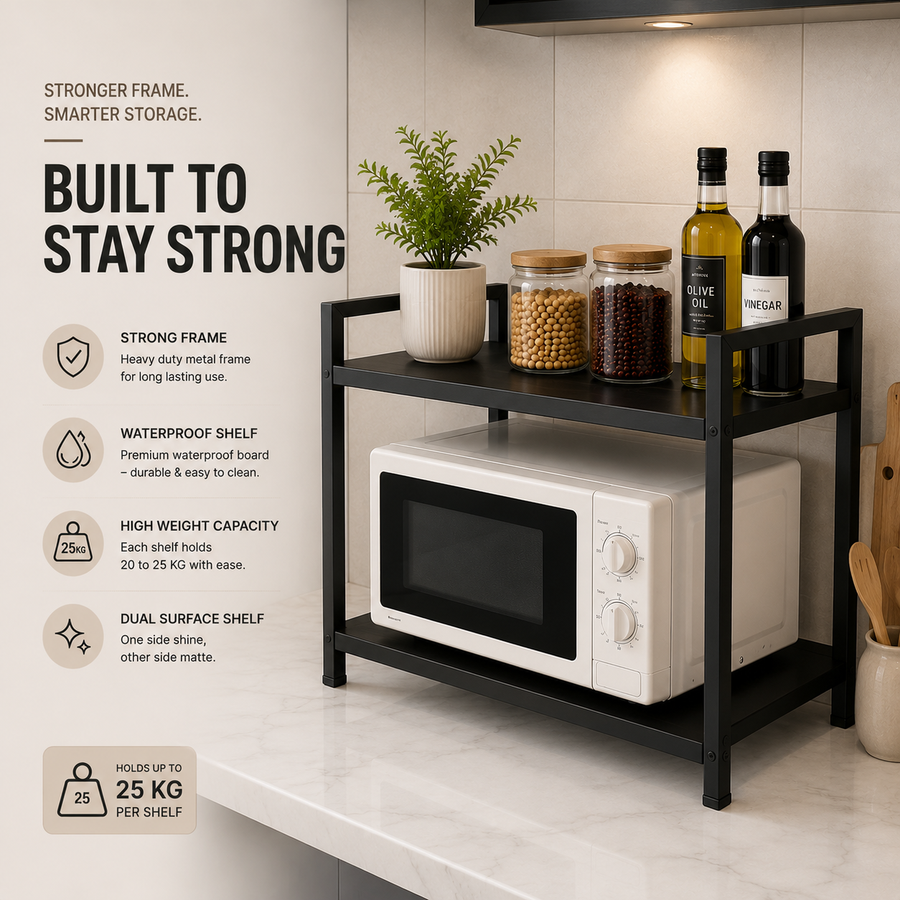 2-Tier Microwave Stand Kitchen Storage Rack | Black Metal Countertop Organizer | 24" x 24"