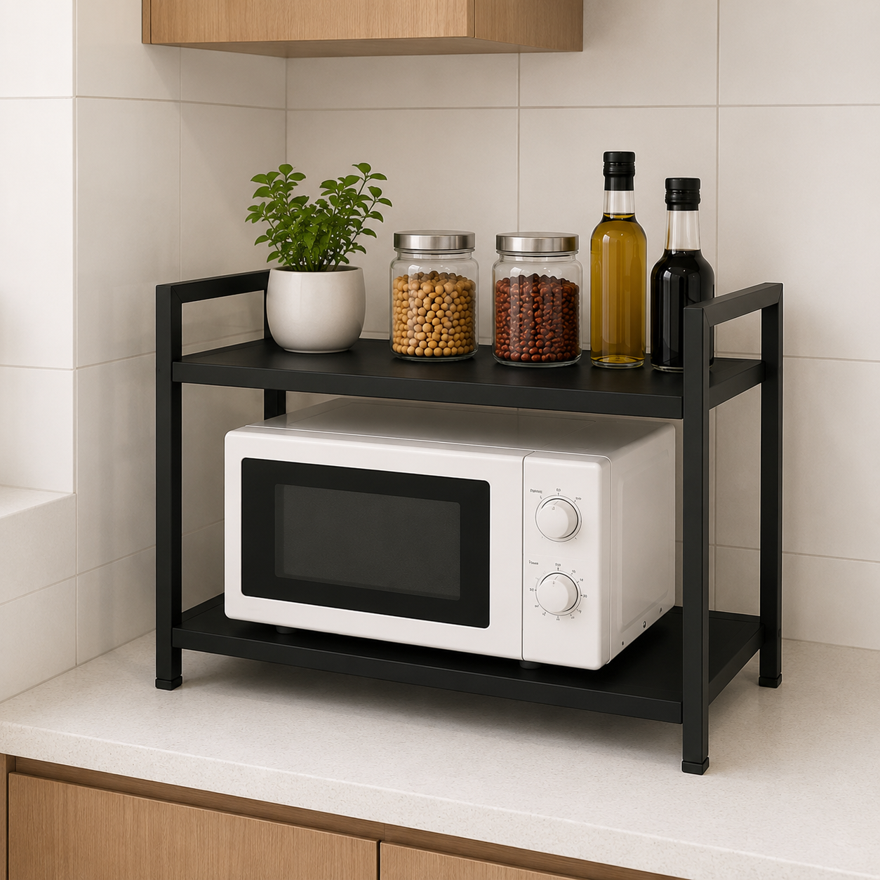 2-Tier Microwave Stand Kitchen Storage Rack | Black Metal Countertop Organizer | 24" x 24"