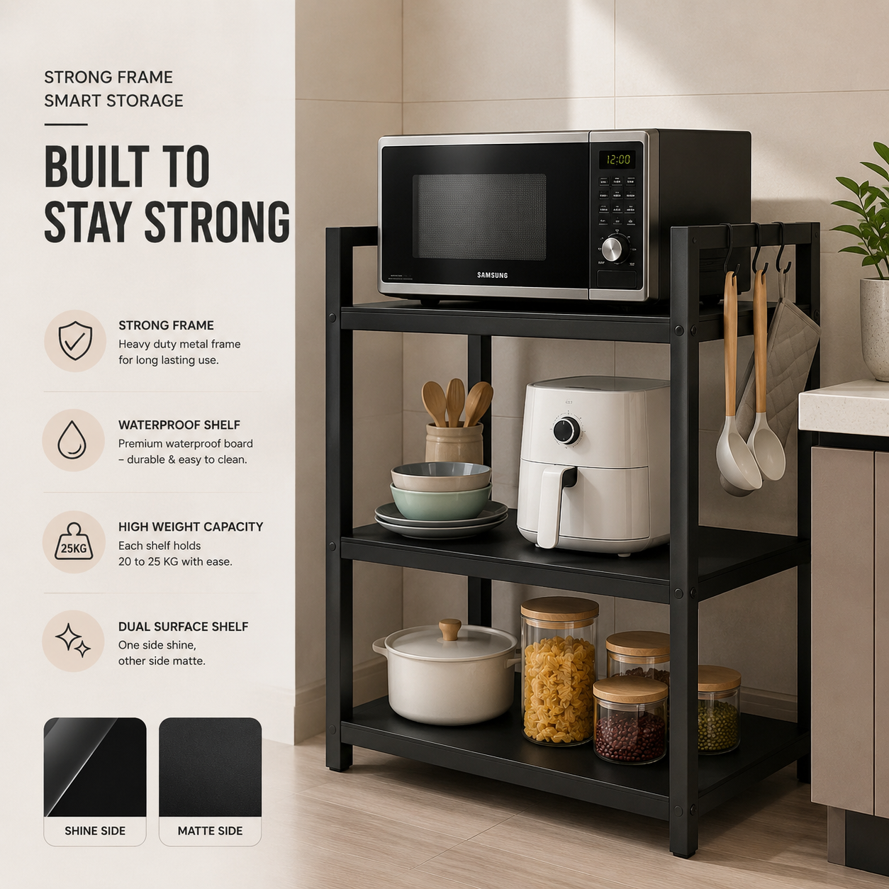 3-Tier Kitchen Storage Rack with Microwave Stand | Metal Rack