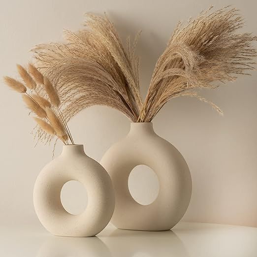 Nordic Donut Ceramic Vase Set (Pack of 2) – Modern Pampas Grass Decorative Vases | Minimalist Home Décor