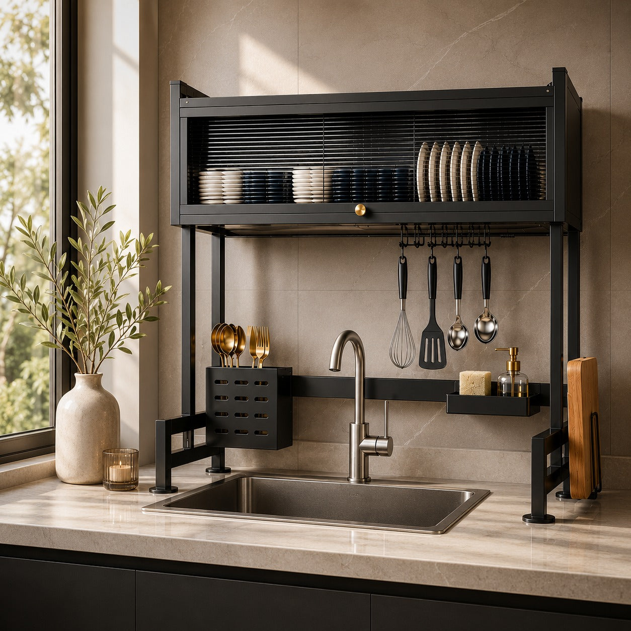 Over Sink Dish Drying Rack with Utensil Holder