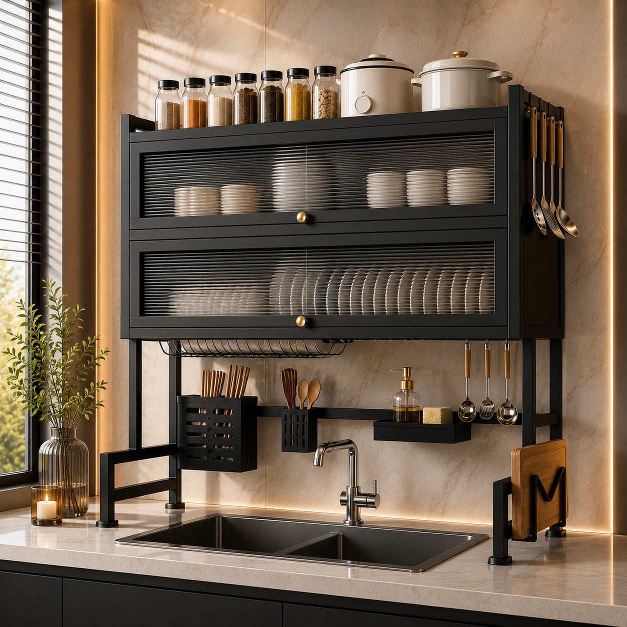 Over Sink Dish Drying Rack with Utensil Holder