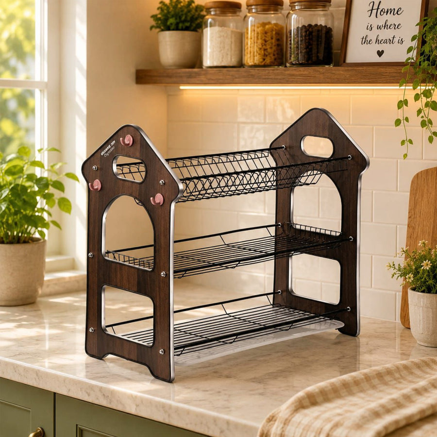 3-Tier Wooden & Wire Dish Drying Rack